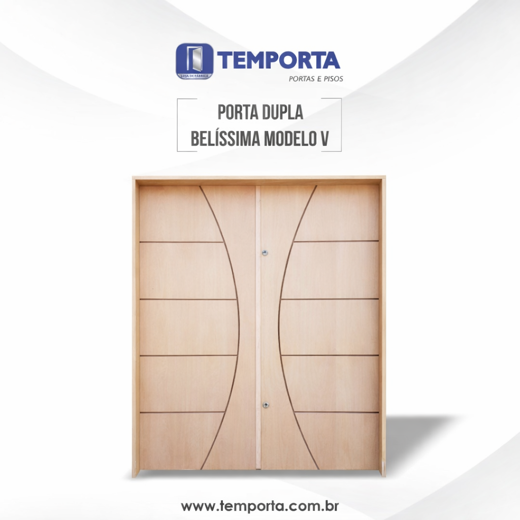 Porta dupla de madeira modelo Belíssima V da Temporta, com design moderno curvo, acabamento natural e fabricação sob medida, ideal para ambientes sofisticados e elegantes