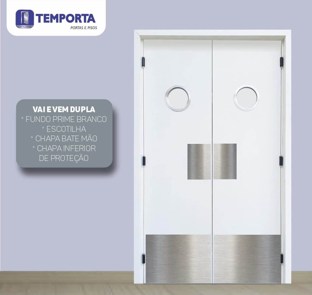Porta vai e vem dupla branca com escotilhas redondas, chapa bate mão em inox e chapa inferior de proteção, ideal para cozinhas industriais, restaurantes, hospitais e áreas de grande circulação.