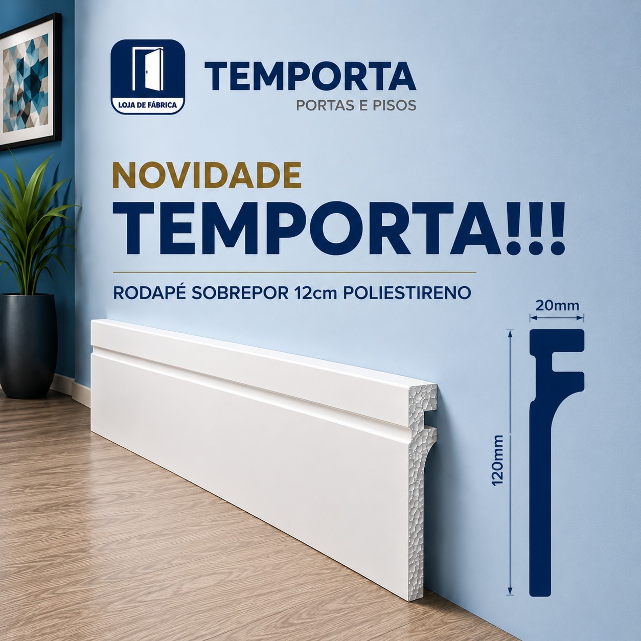 Rodapé sobrepor de poliestireno 12 cm branco da Temporta, modelo com 120 mm de altura e 20 mm de espessura, ideal para acabamento de pisos e paredes em ambientes internos.